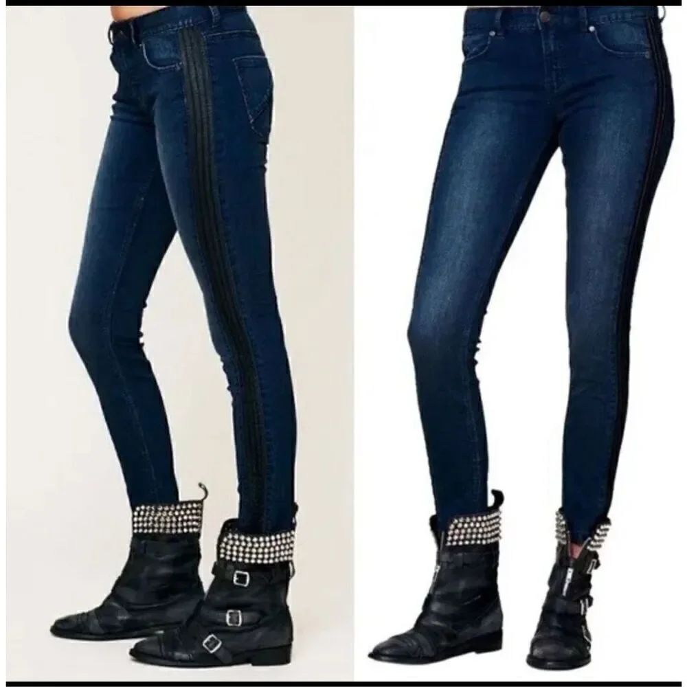 Free People Vegan Leather Trim Blue Skinny 5 Pocket Aquatic Blue Sz 27